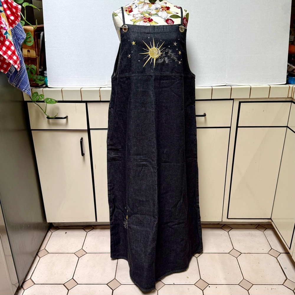 CELESTIAL DRESS Black Denim Overall MAXI RHINESTONES GOLD SUN QUACKER FACTORY 14